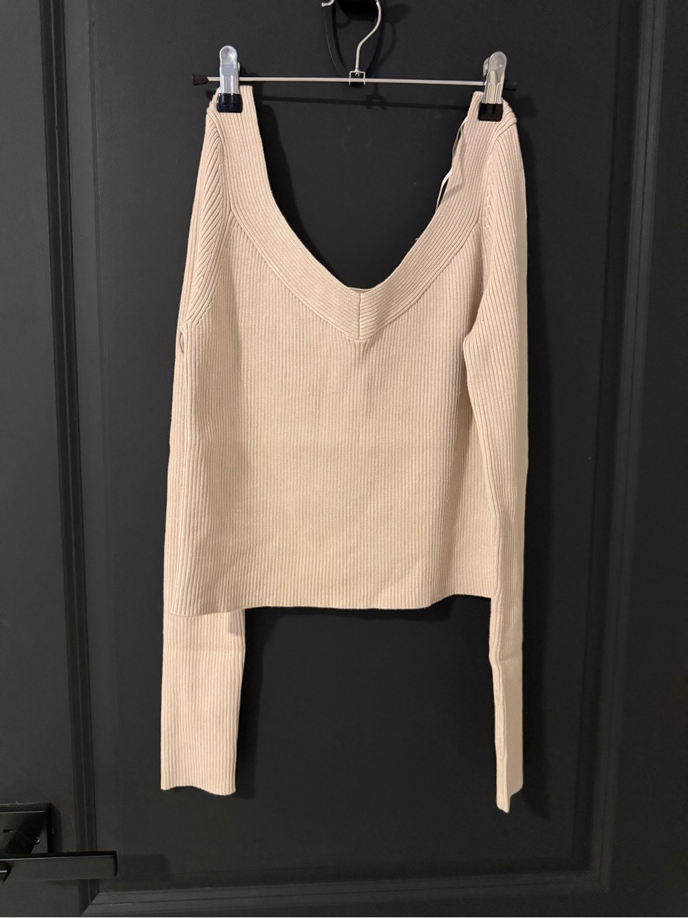 V-Neck Ribbed Knit Long Sleeve Top - Cream